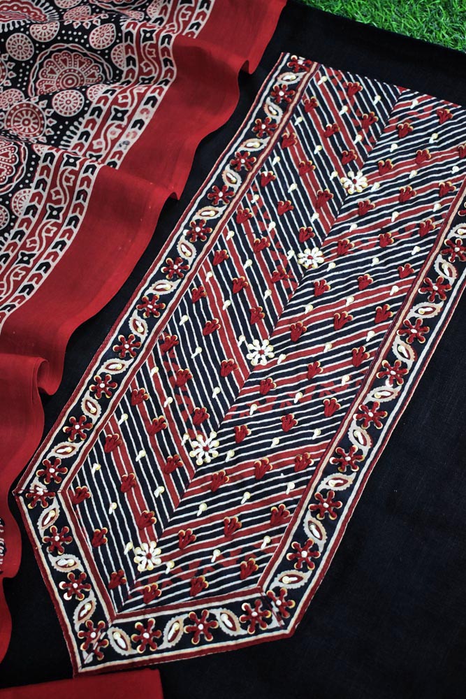 Beautiful Cotton Unstitched Suit with Ajrakh print Neck patch, Intricate Hand Embroidery & Ajrakh Block print cotton dupatta