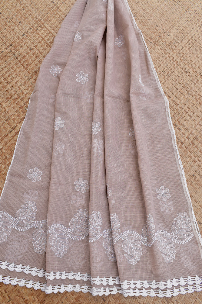 Handcrafted Kota Cotton Dupatta with Chikankari embroidery & crochet borders