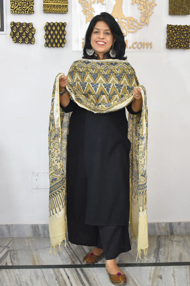 Elegant Ajrakh Hand Block Printed Pure Linen dupatta