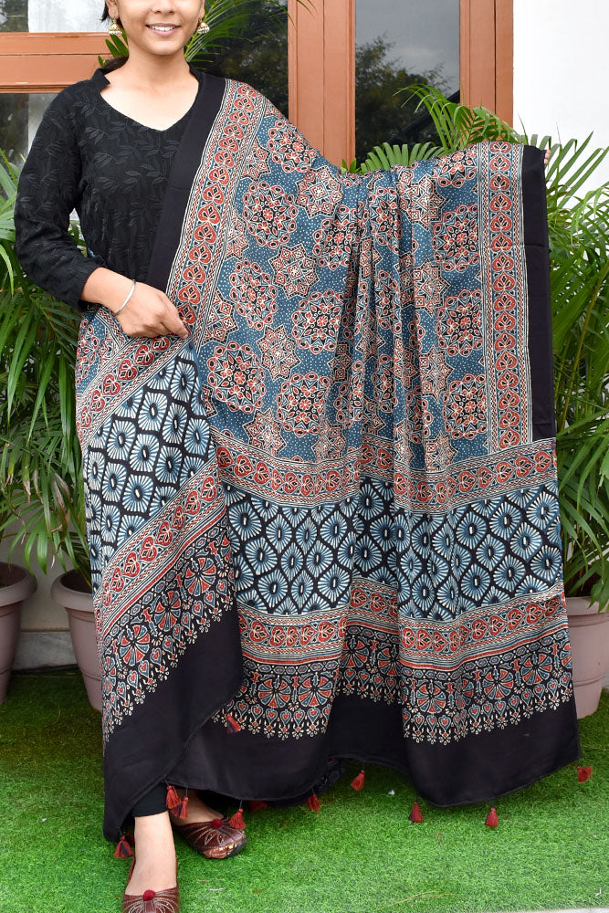 Elegant Modal Silk Ajrakh Block Print Dupatta with tassels