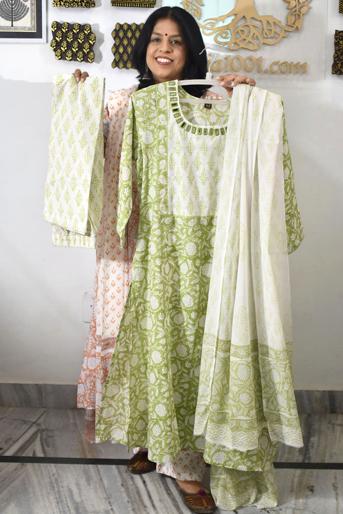 Hand Block Printed stitched 3 pc Cotton suit with Kutch Mirror Work
