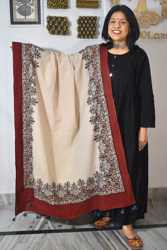 Ajrakh Hand Block Printed Cotton Dupatta with Tassels & natural dyes