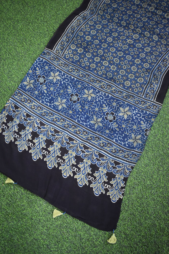 Beautiful Hand Block Printed Ajrakh Modal Silk stole with Tassels