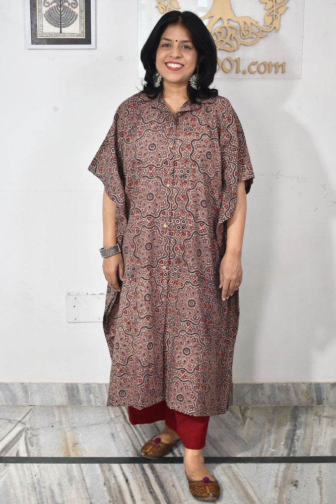 Beautiful Hand Block Printed Ajrakh Kaftan, Can fit till size 48