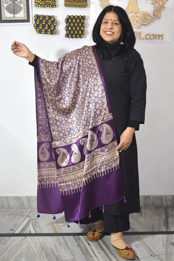 Beautiful Hand Block Printed Ajrakh Mashru Silk stole with Mirror Work