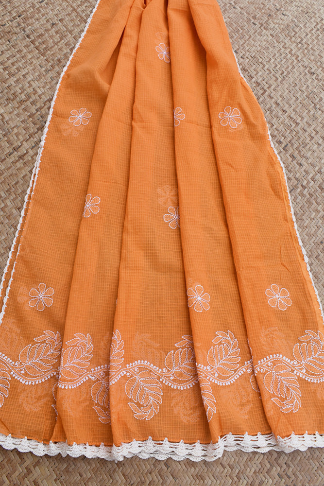 Handcrafted Kota Cotton Dupatta with Chikankari embroidery & crochet borders