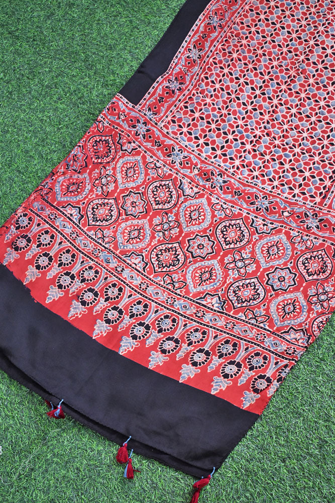 Beautiful Hand Block Printed Ajrakh Modal Silk stole with Tassels