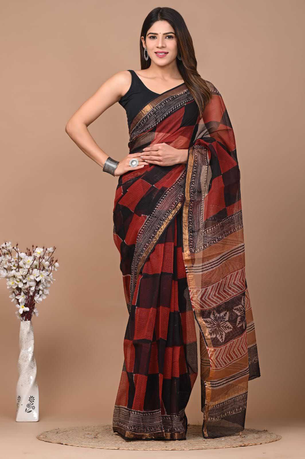 Beautiful Hand Block Printed Kota cotton Saree with zari border