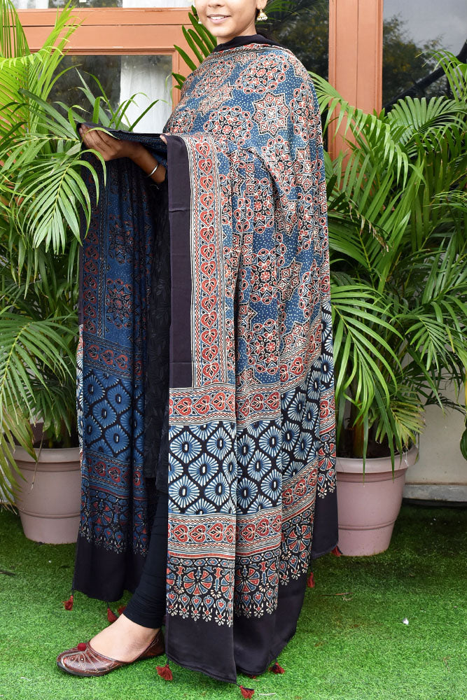 Elegant Modal Silk Ajrakh Block Print Dupatta with tassels