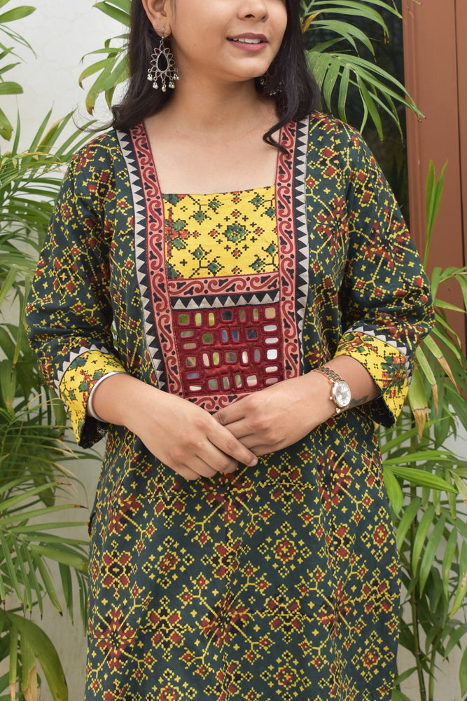 Hand block printed Ajrakh Cotton kurta with Kutch Mirror work - size 40, 42, 44