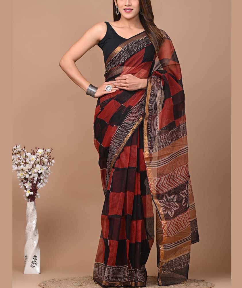Beautiful Hand Block Printed Kota cotton Saree with zari border