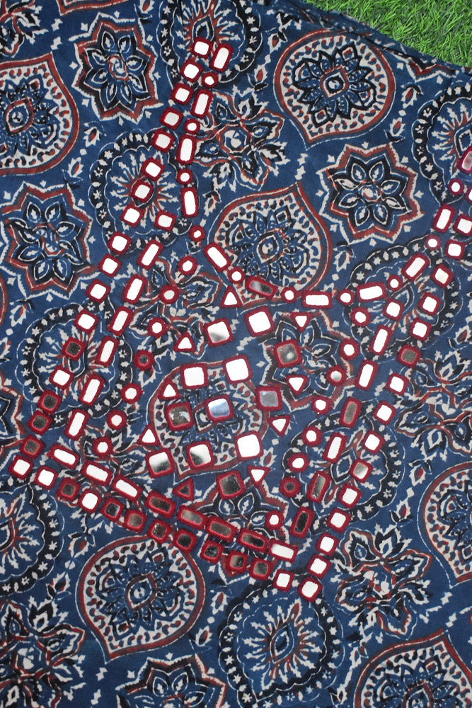 Designer Ajrakh Cotton Kurta Fabric with Kutch Mirror Work - 3 mtrs lenth