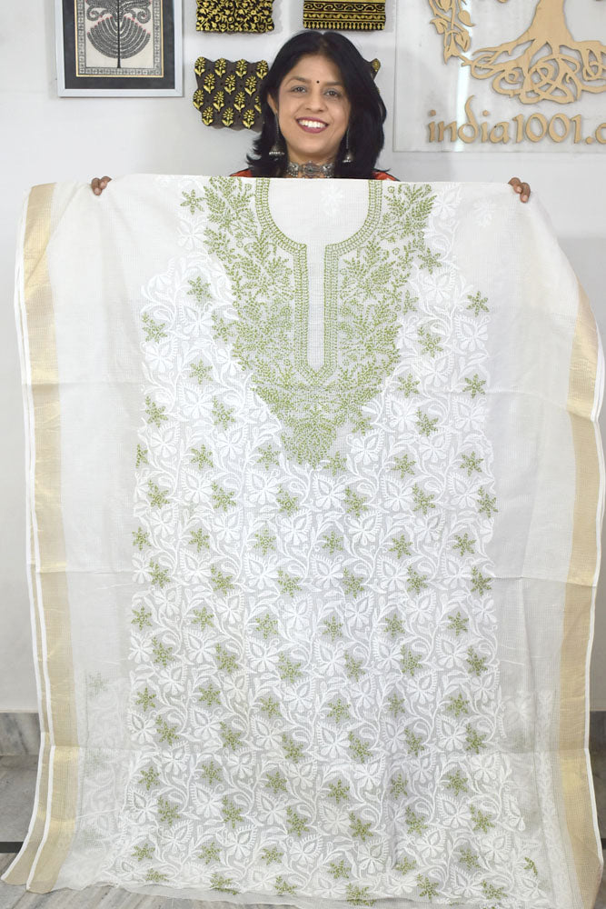 Designer Hand Embroidered Chikankari Tepchi work Kota Doria fabric