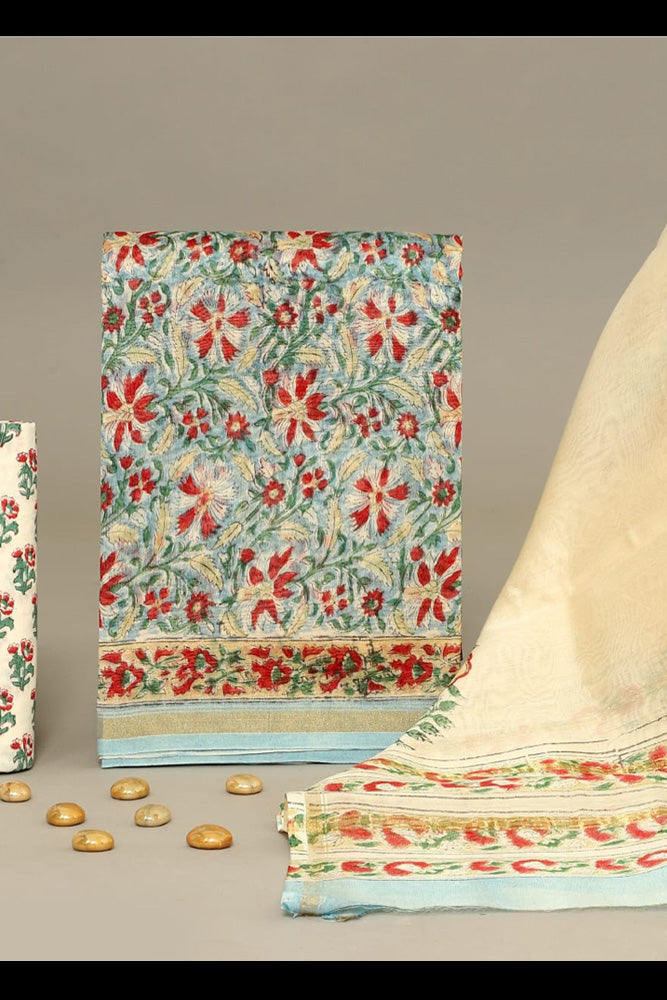 Beautiful Hand Block Printed Chanderi unstitched suit fabric