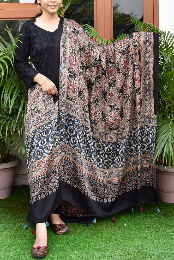 Elegant Modal Silk Ajrakh Block Print Dupatta with tassels