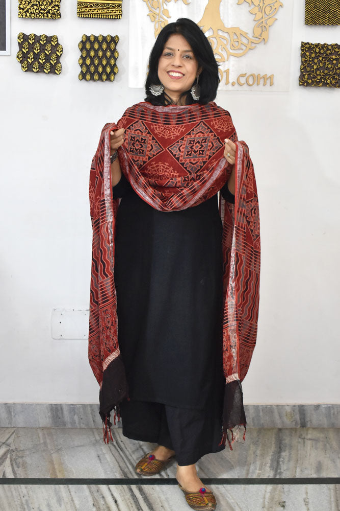 Elegant Ajrakh Hand Block Printed Pure Linen dupatta