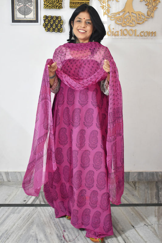 Classic Bagh Block Printed unstitched suit fabric with chiffon dupatta