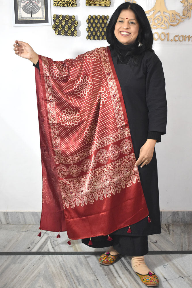 Beautiful Hand Block Printed Ajrakh Mashru Silk stole with Mirror Work