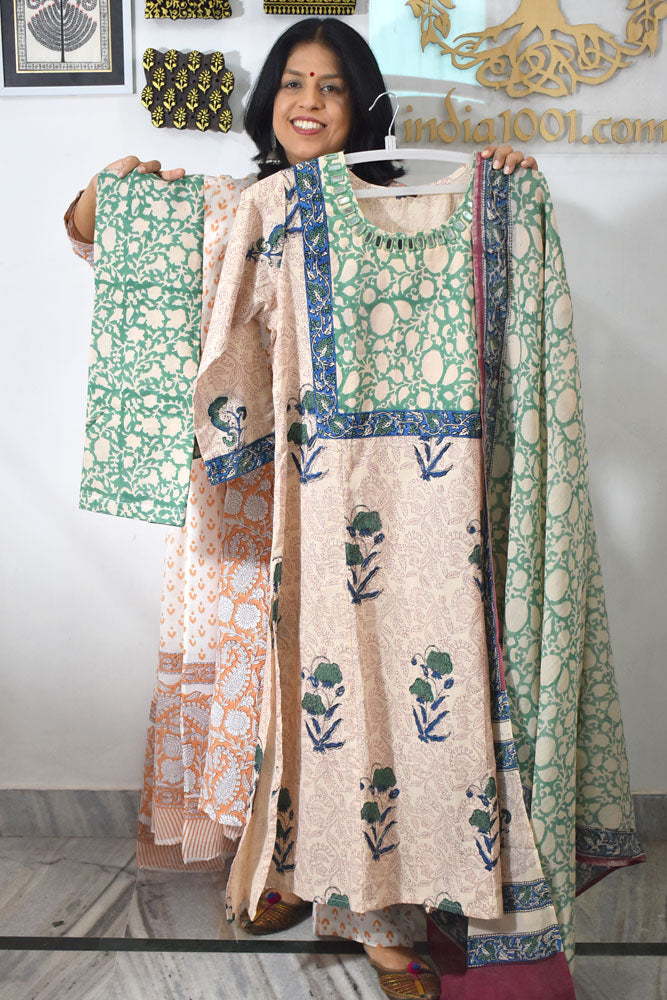 Hand Block Printed stitched 3 pc Cotton suit with Kutch Mirror Work Size - 40
