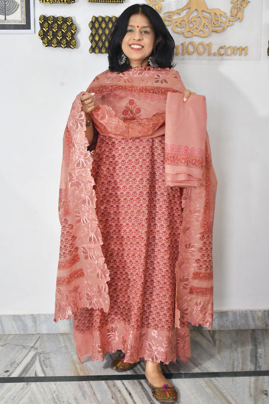 Beautiful Hand Block Printed Cotton Chanderi Suit With Cut Work