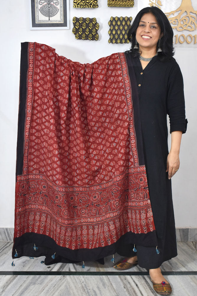 Ajrakh Hand Block Printed Cotton Dupatta with Tassels & natural dyes