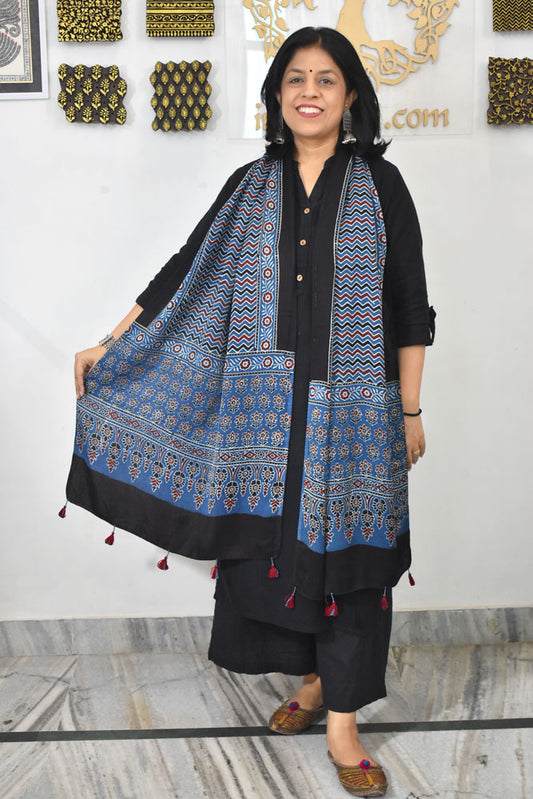 Beautiful Hand Block Printed Ajrakh Modal Silk stole with Tassels