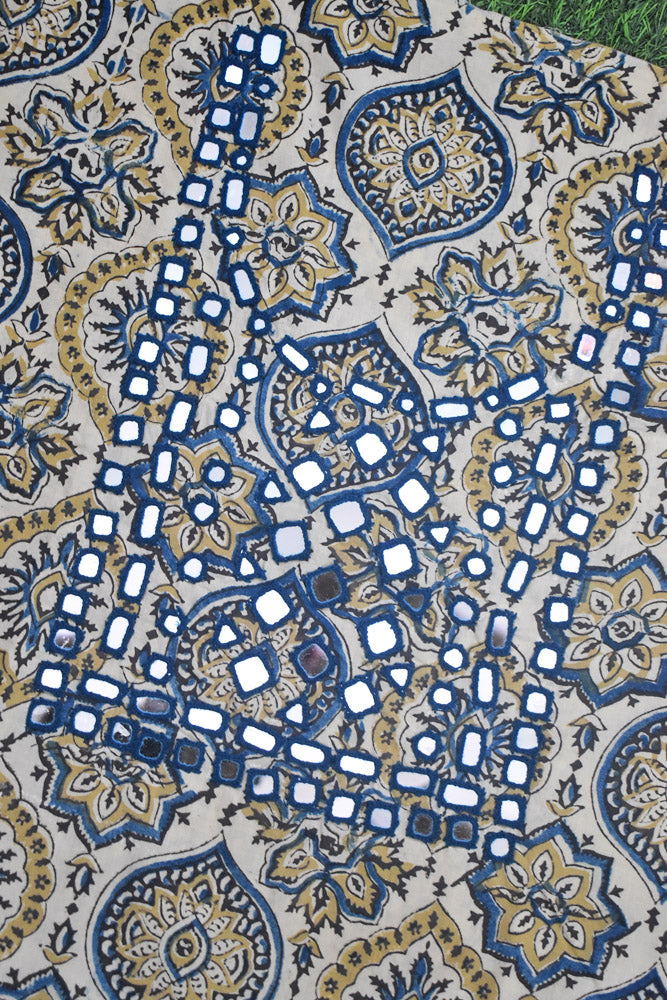 Designer Ajrakh Cotton Kurta Fabric with Kutch Mirror Work - 3 mtrs lenth