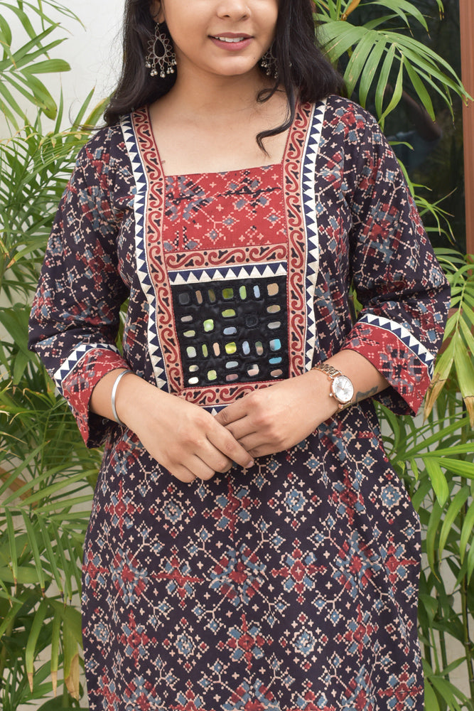 Hand block printed Ajrakh Cotton kurta with Kutch Mirror work - size 40, 42, 44