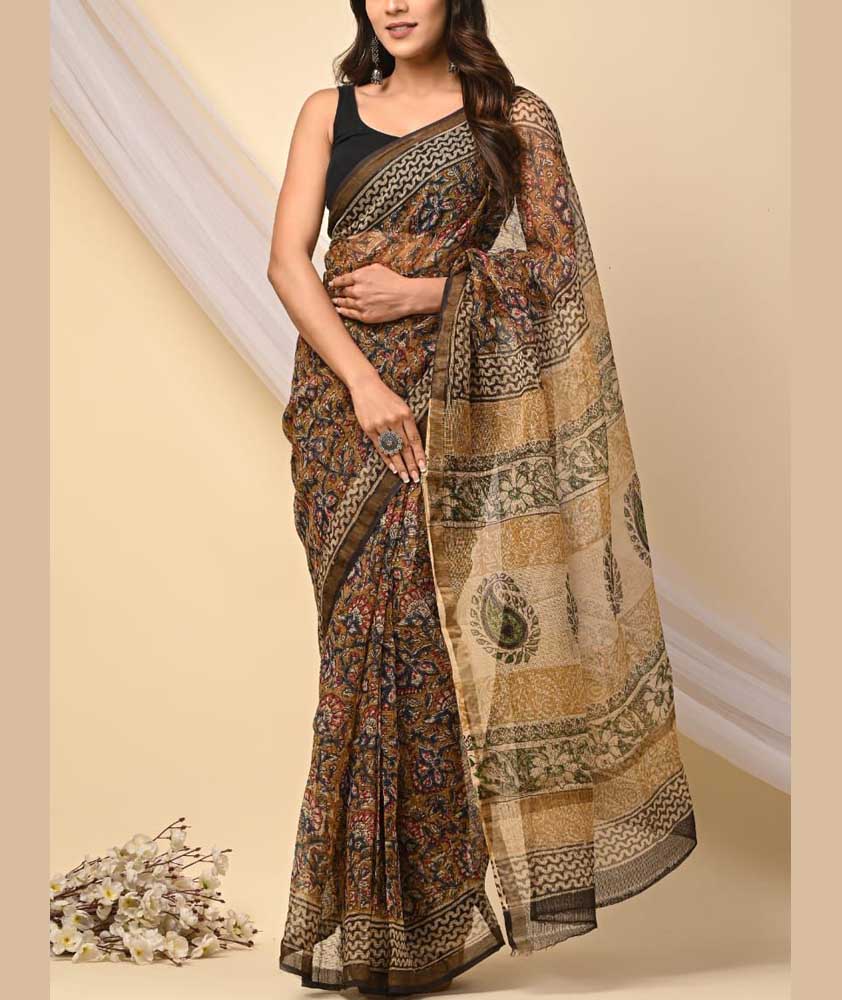 Beautiful Hand Block Printed Kota cotton Saree with zari border