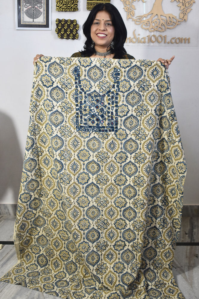 Designer Ajrakh Cotton Kurta Fabric with Kutch Mirror Work - 3 mtrs lenth