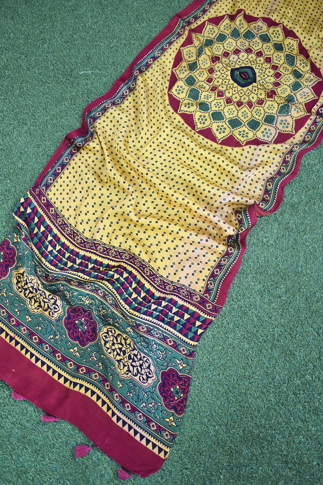 Beautiful Hand Block Printed Ajrakh Modal Silk stole with Tassels
