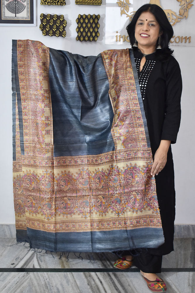 Geecha Silk Dupatta with printed Madhubani patterns
