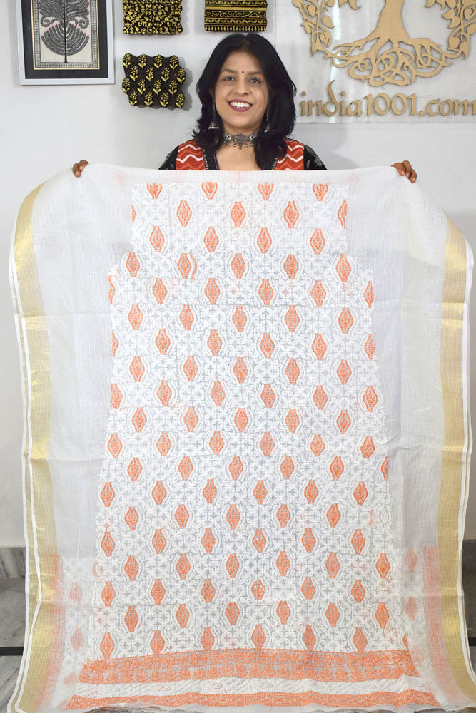 Designer Hand Embroidered Chikankari Tepchi work Kota Doria fabric