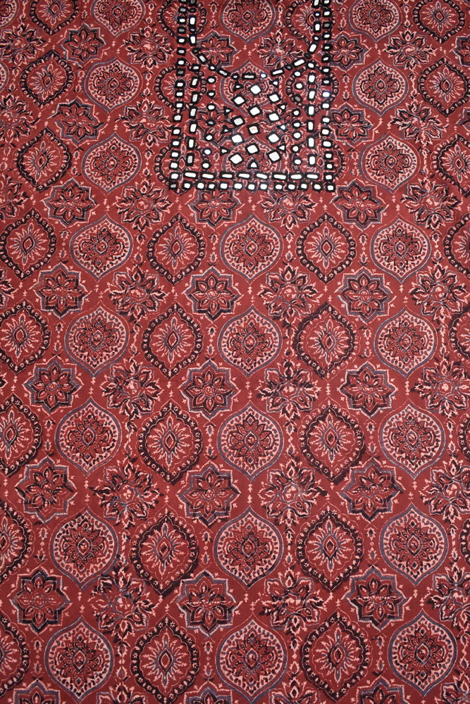 Designer Ajrakh Cotton Kurta Fabric with Kutch Mirror Work - 3 mtrs lenth