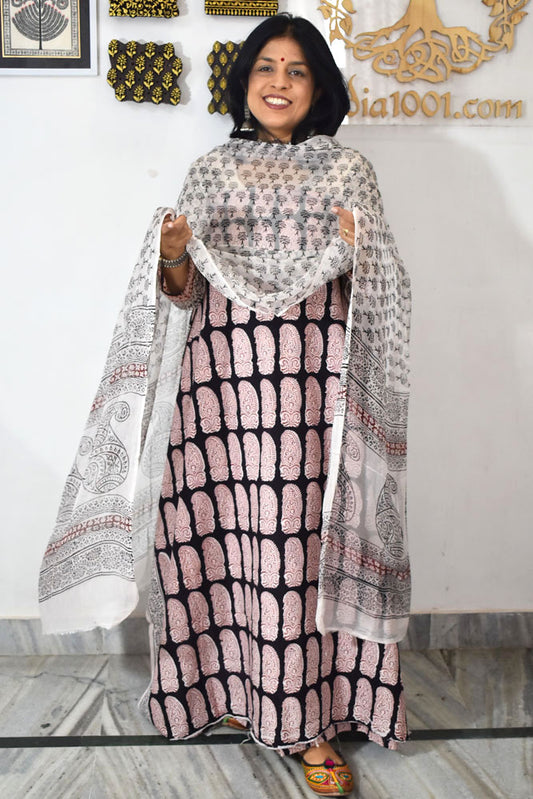Classic Bagh Block Printed unstitched suit fabric with chiffon dupatta
