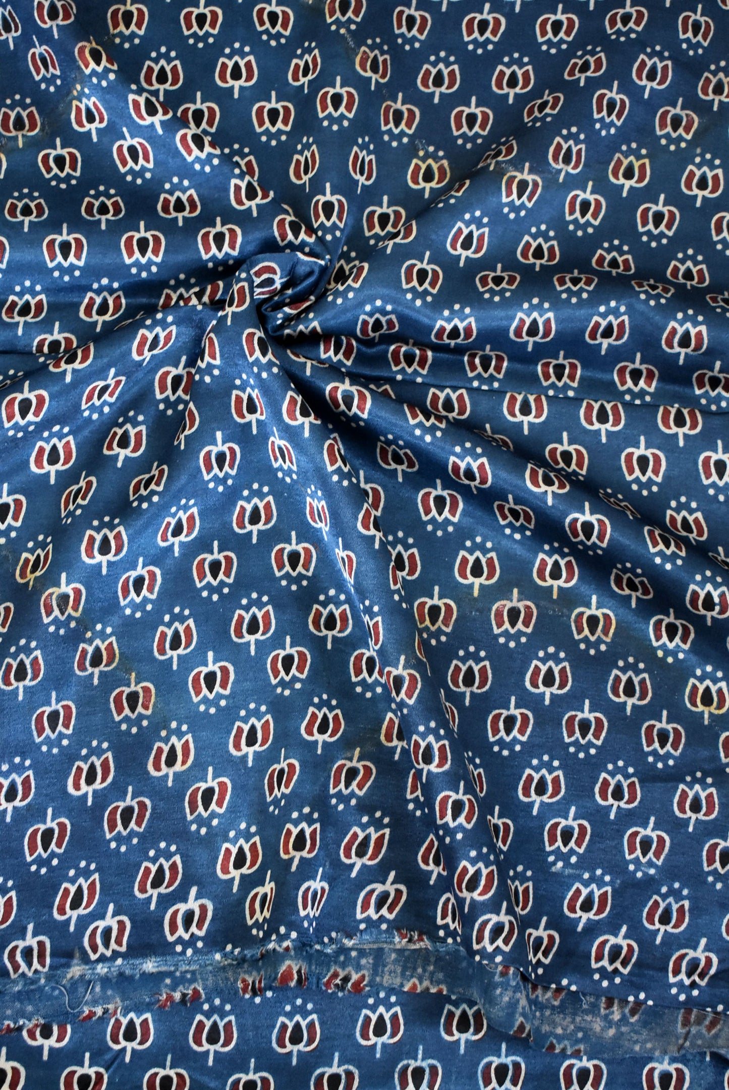 Hand Block printed Ajrakh Mashru silk fabric- Length : 2.5 mtrs & 3 mtr option