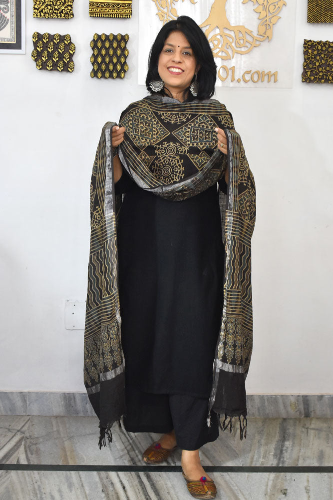 Elegant Ajrakh Hand Block Printed Pure Linen dupatta