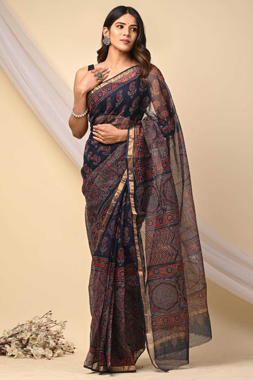Beautiful Hand Block Printed Kota cotton Saree with zari border