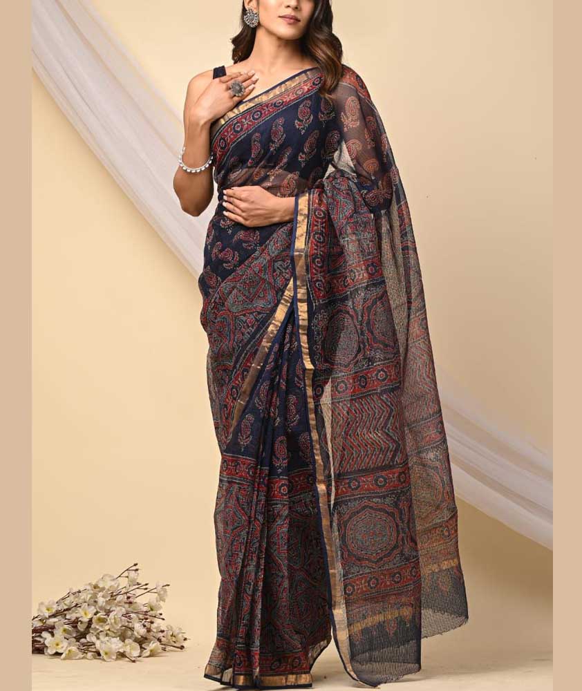 Beautiful Hand Block Printed Kota cotton Saree with zari border