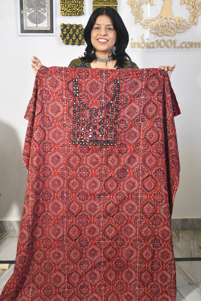 Designer Ajrakh Cotton Kurta Fabric with Kutch Mirror Work - 3 mtrs lenth