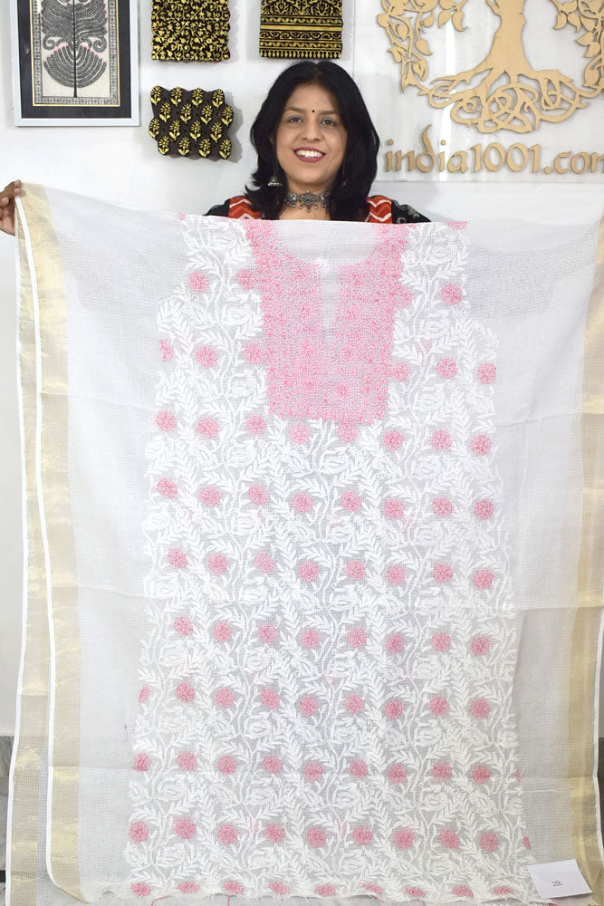Designer Hand Embroidered Chikankari Tepchi work Kota Doria fabric No. 16