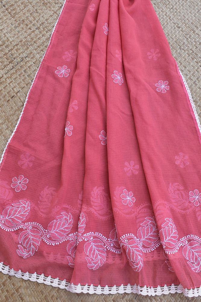 Handcrafted Kota Cotton Dupatta with Chikankari embroidery & crochet borders