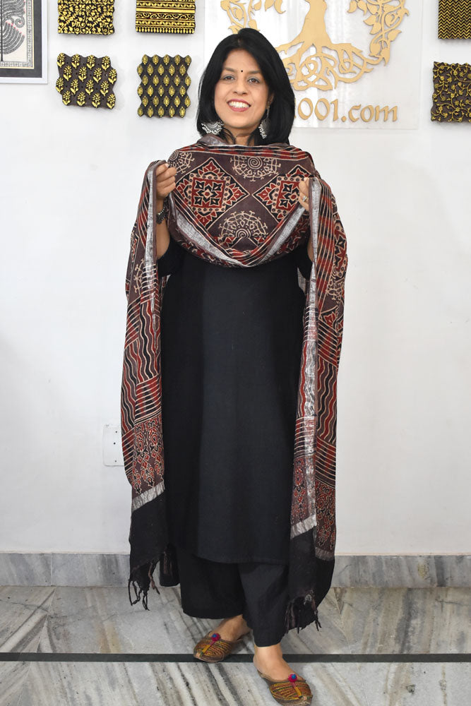 Elegant Ajrakh Hand Block Printed Pure Linen dupatta