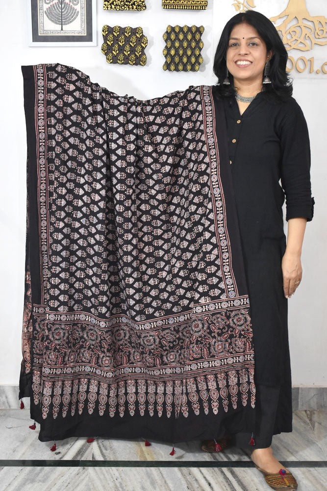 Ajrakh Hand Block Printed Cotton Dupatta with Tassels & natural dyes