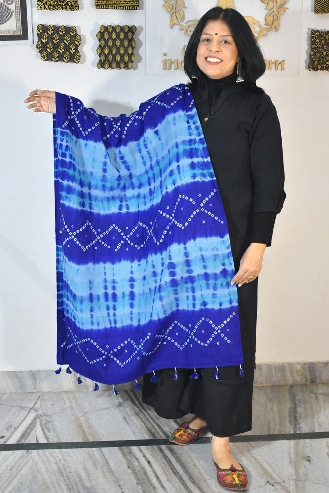 Hand woven Kutch Merino Wool Stole with Shibori Dye & Tassels