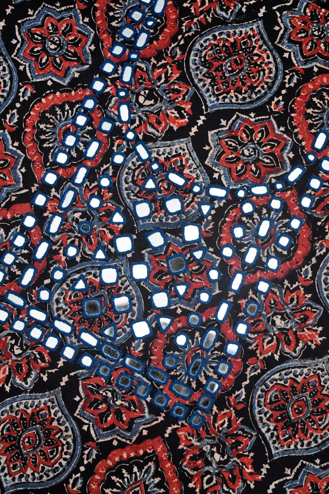 Designer Ajrakh Cotton Kurta Fabric with Kutch Mirror Work - 3 mtrs lenth