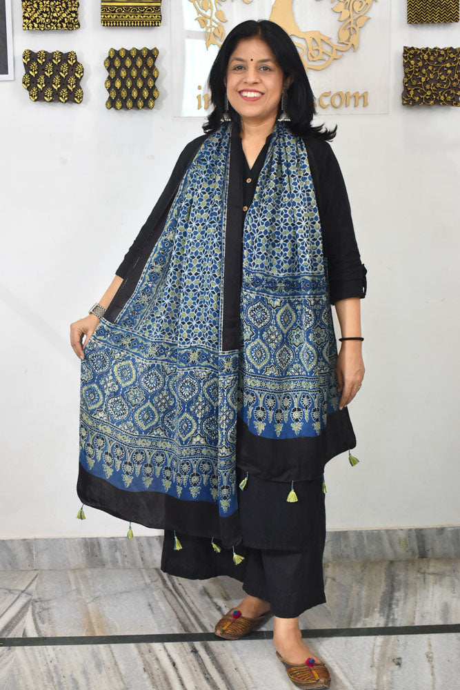 Beautiful Hand Block Printed Ajrakh Modal Silk stole with Tassels