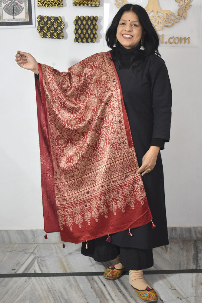 Beautiful Hand Block Printed Ajrakh Mashru Silk stole with Mirror Work