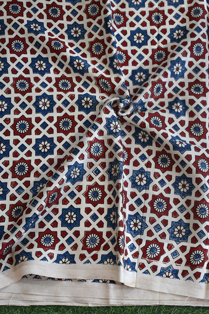 Hand Block printed Ajrakh Mashru silk fabric- Length : 2.5 mtrs & 3 mtr option