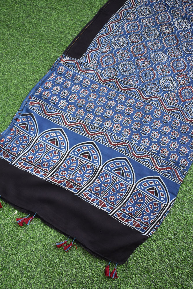 Beautiful Hand Block Printed Ajrakh Modal Silk stole with Tassels
